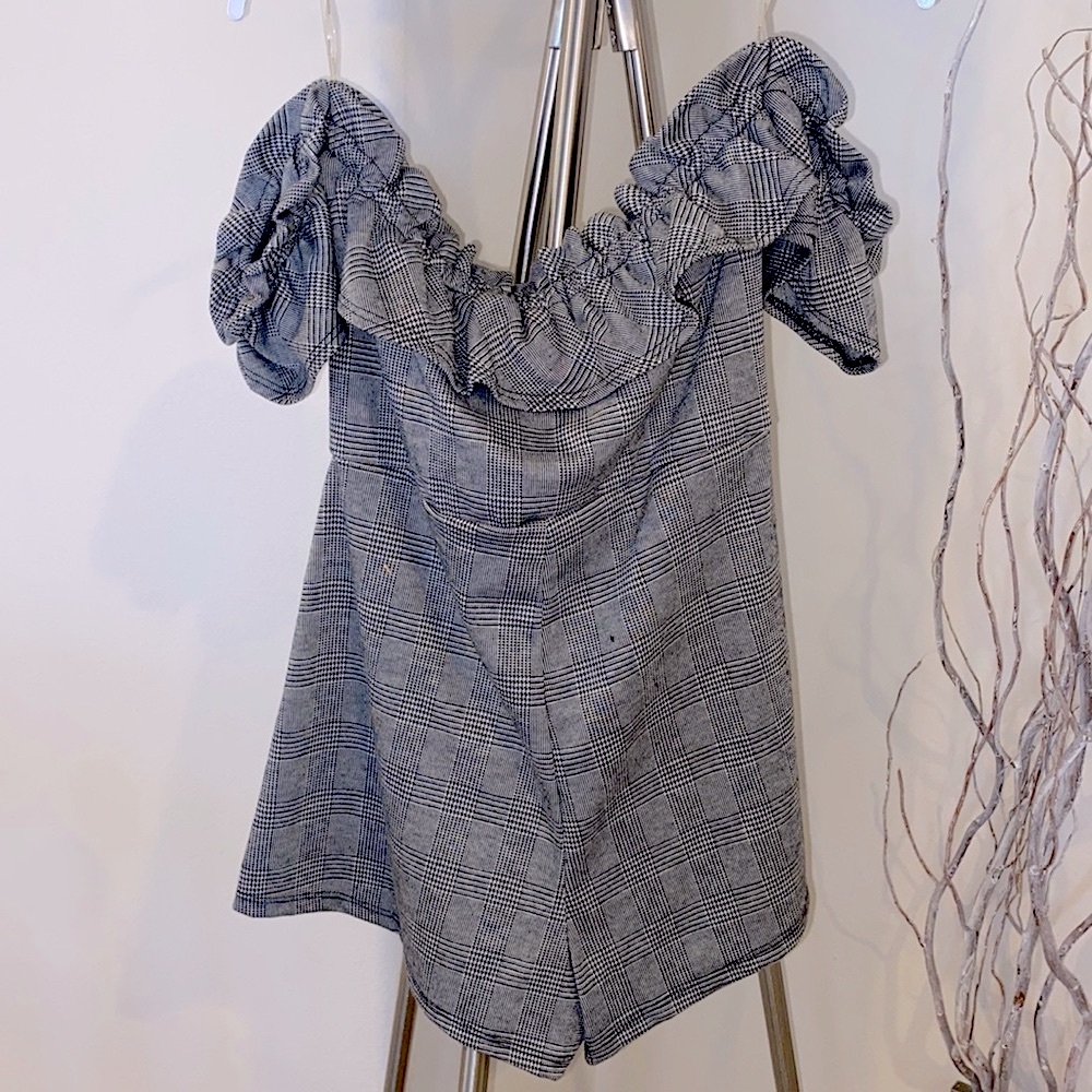 Plaid off the shoulder romper